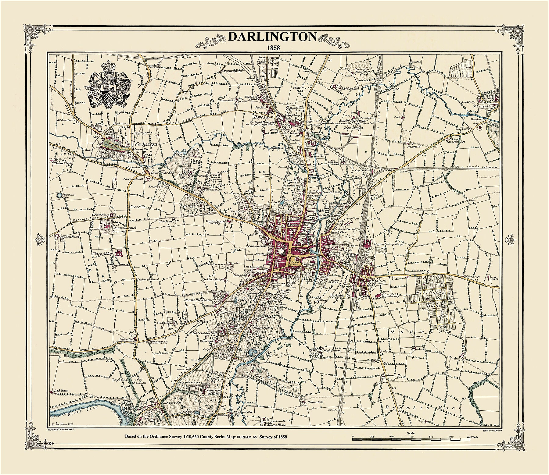 Coloured Victorian map of Darlington in 1858 by Peter J Adams of Heritage Cartography