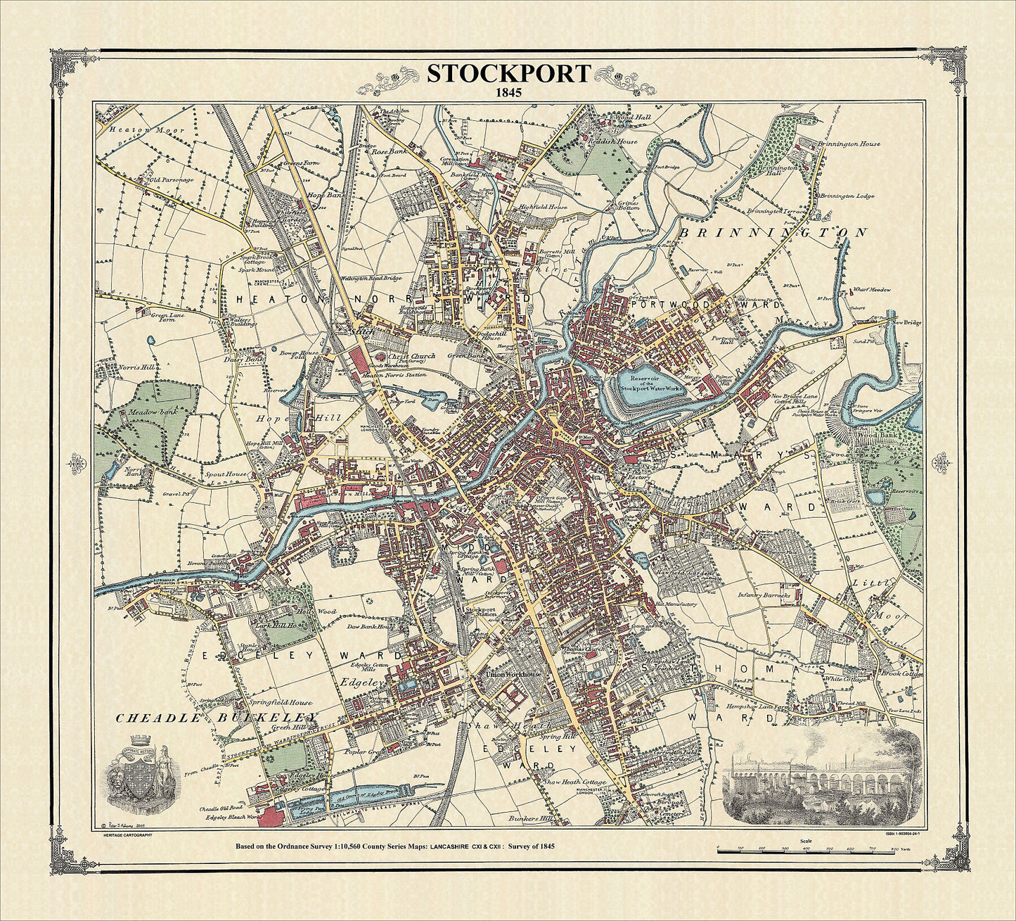 Coloured Victorian map of Stockport in 1845 by Peter J Adams of Heritage Cartography