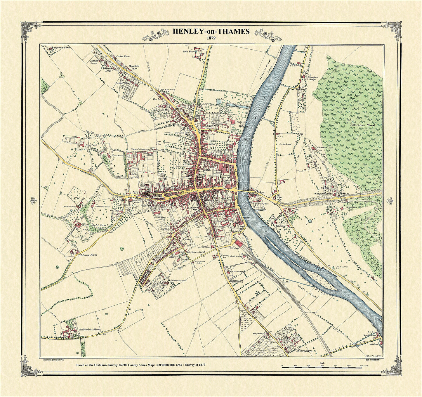 Coloured Victorian map of Henley-on-Thames in 1879 by Peter J Adams of Heritage Cartography
