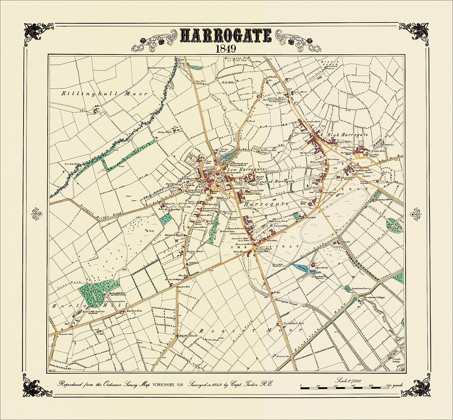 Coloured Victorian map of Harrogate in 1849 by Peter J Adams of Heritage Cartography