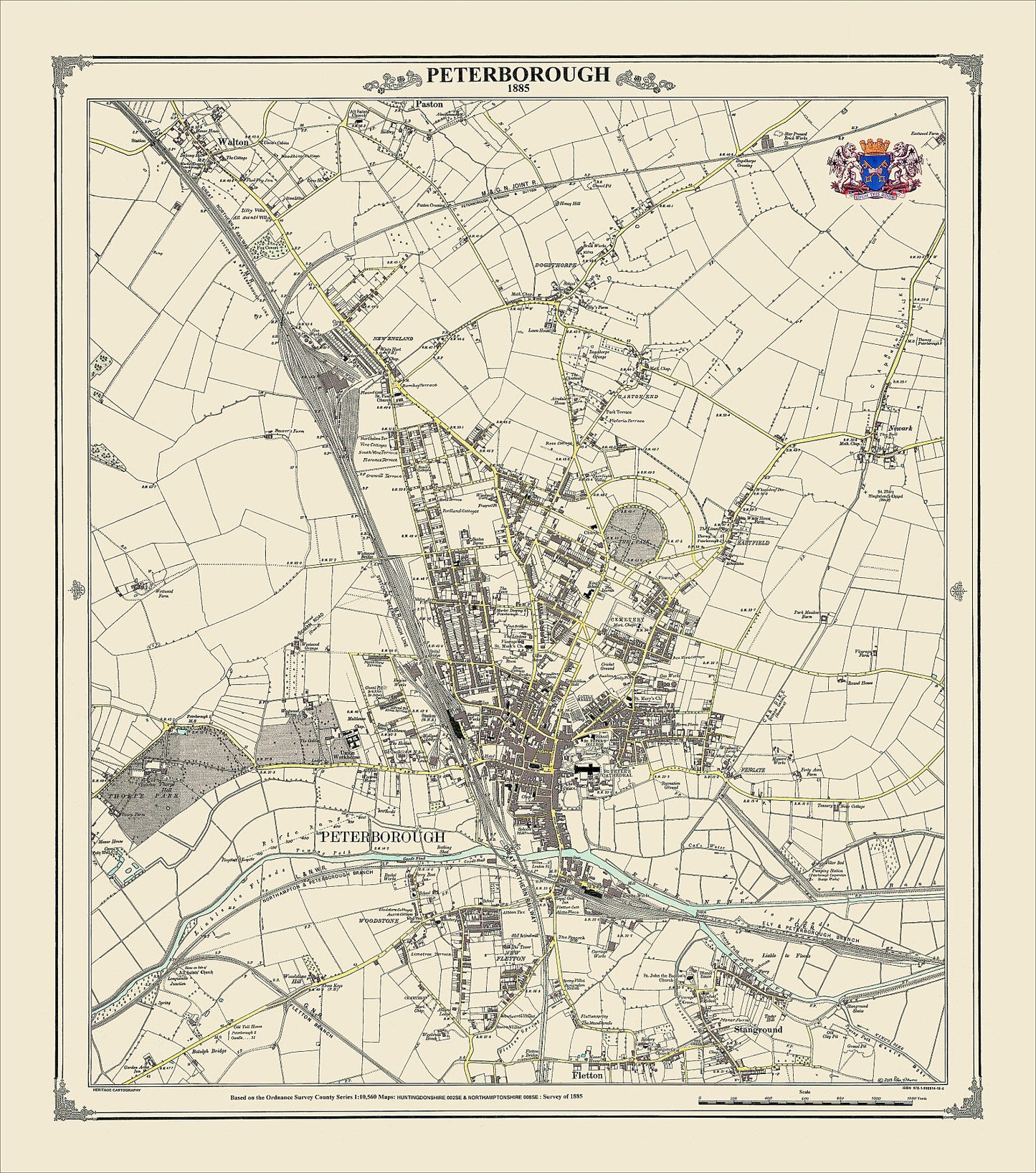 Coloured Victorian map of Peterborough in 1885 by Peter J Adams of Heritage Cartography