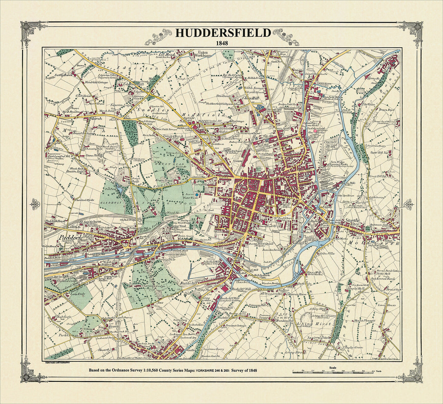 Coloured Victorian map of Huddersfield in 1848 by Peter J Adams of Heritage Cartography