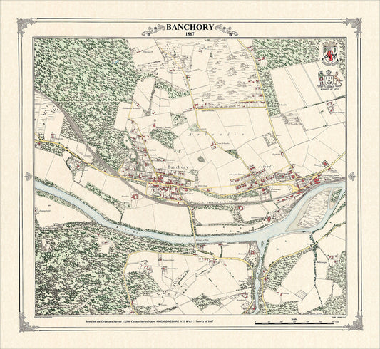 Coloured Victorian map of Banchory in 1867 by Peter J Adams of Heritage Cartography