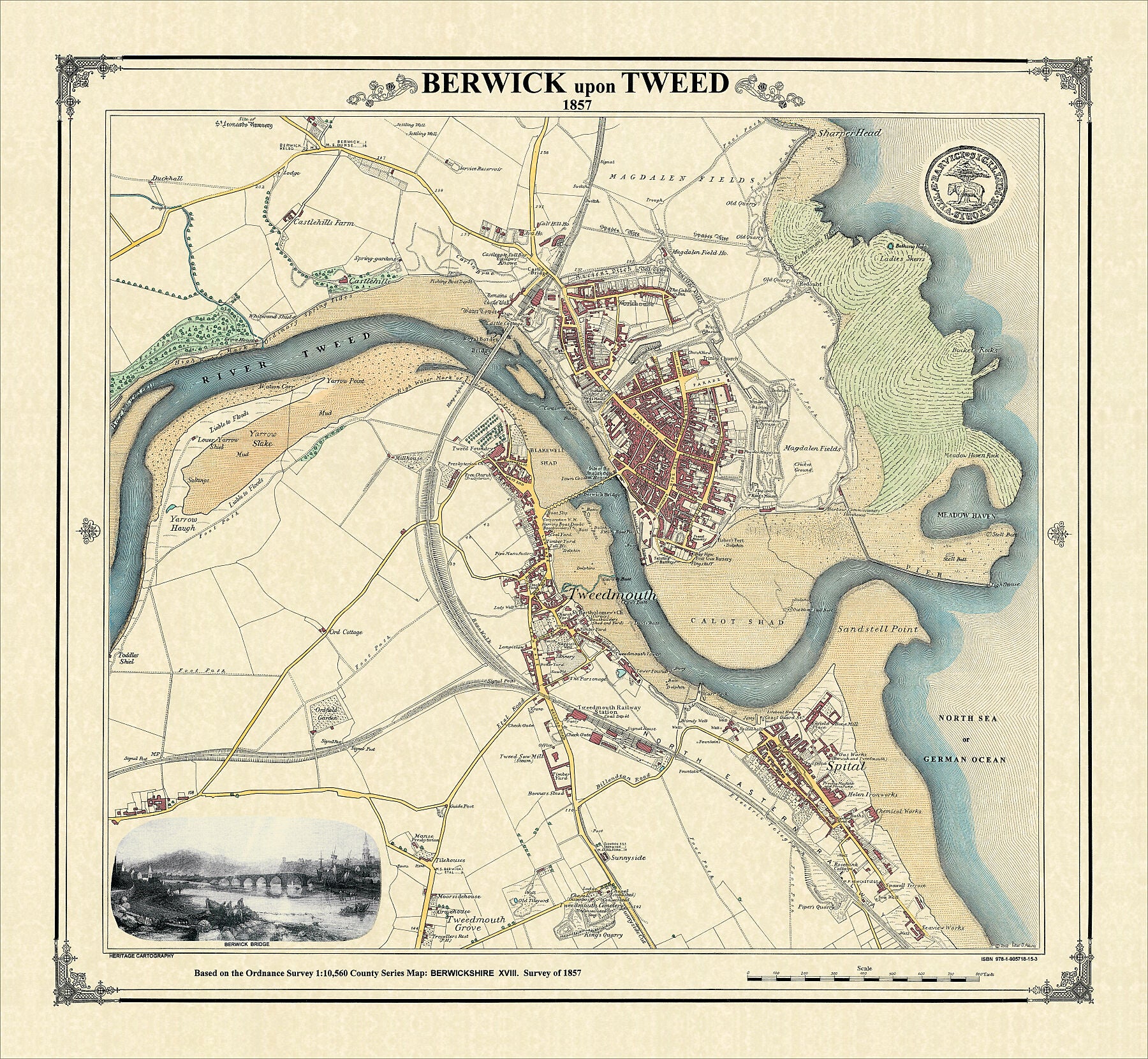 Coloured Victorian map of Berwick-upon-Tweed in 1857 by Peter J Adams of Heritage Cartography