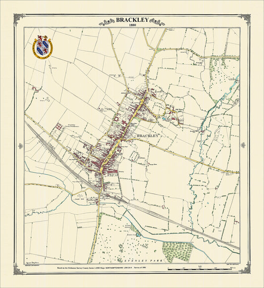 Coloured Victorian map of Brackley in 1880 by Peter J Adams of Heritage Cartography