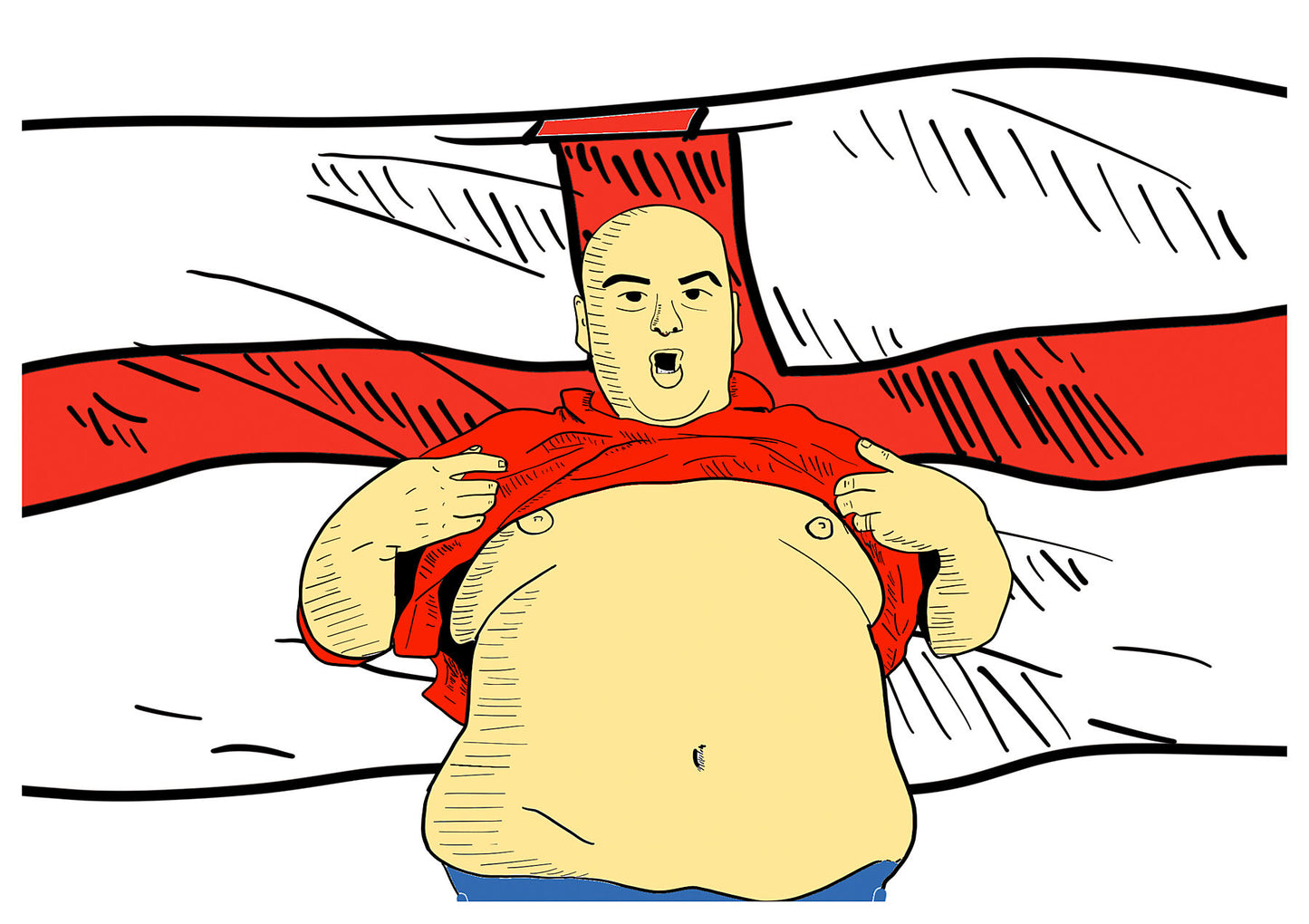 Big, bald football fan lifting up his top in front of an England flag