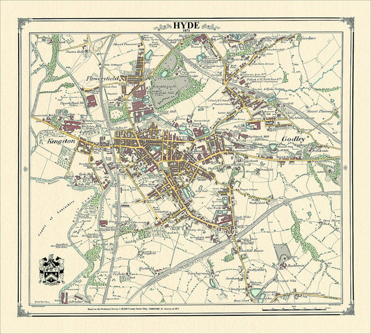Coloured Victorian map of Hyde in 1871 by Peter J Adams of Heritage Cartography
