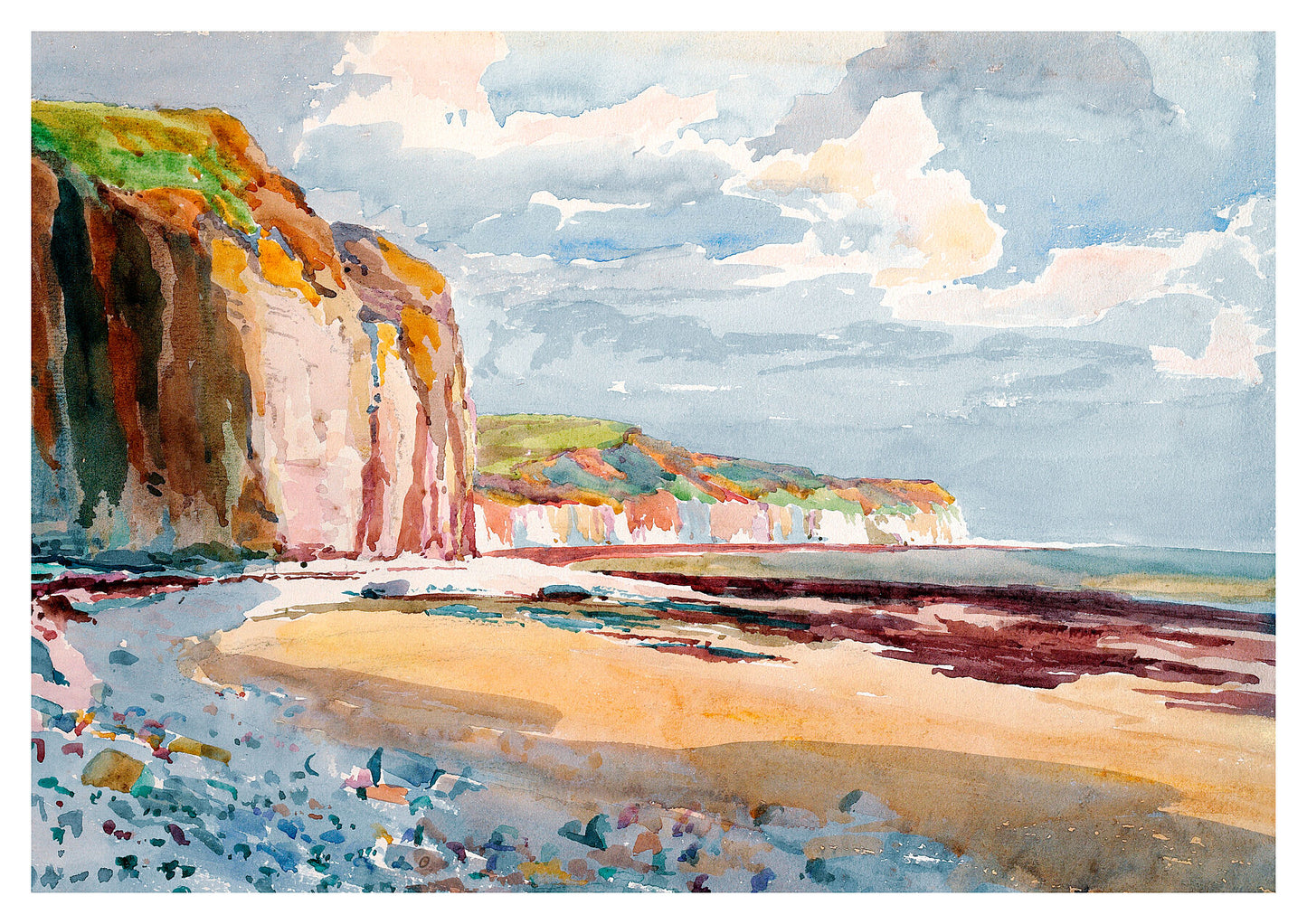 Reproduction watercolour painting of Tide's Out, South Landing Beach by Walter C Foster