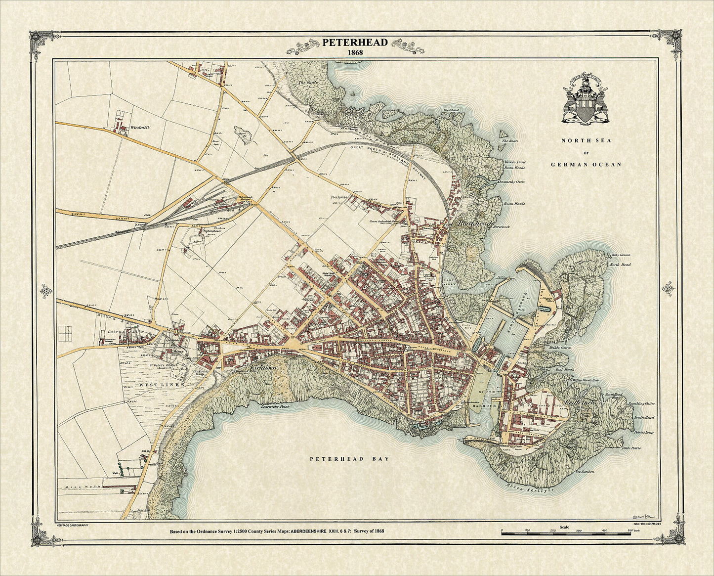 Coloured Victorian map of Peterhead in 1868 by Peter J Adams of Heritage Cartography