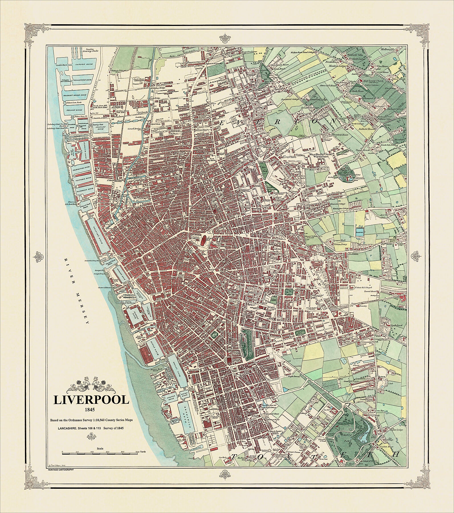 Coloured Victorian map of Liverpool in 1845 by Peter J Adams of Heritage Cartography