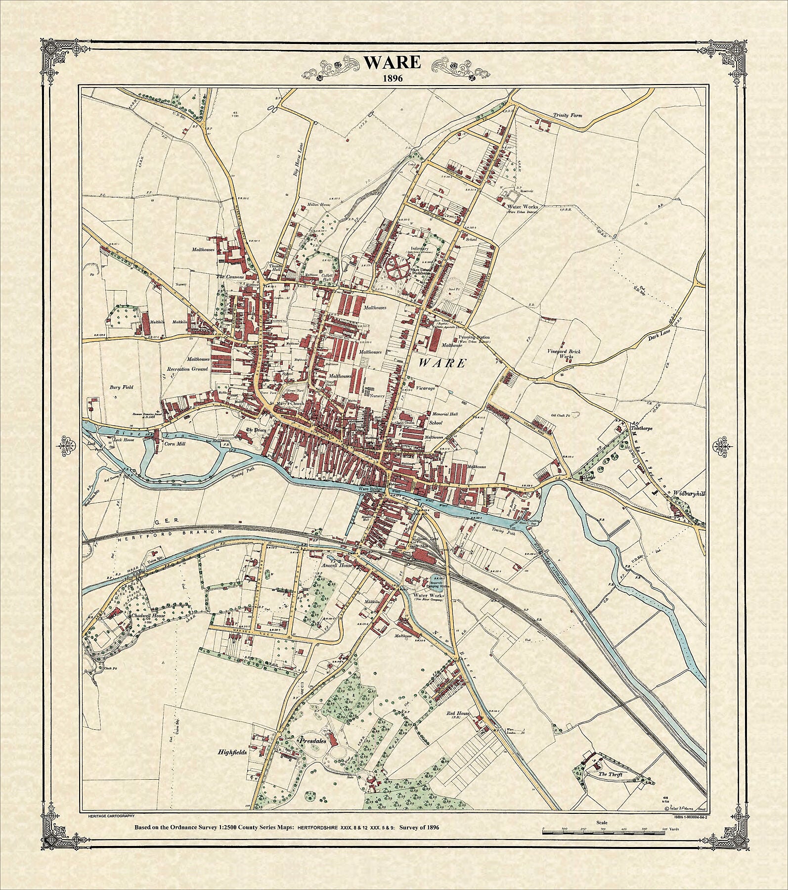 Coloured Victorian map of Ware in 1896 by Peter J Adams of Heritage Cartography
