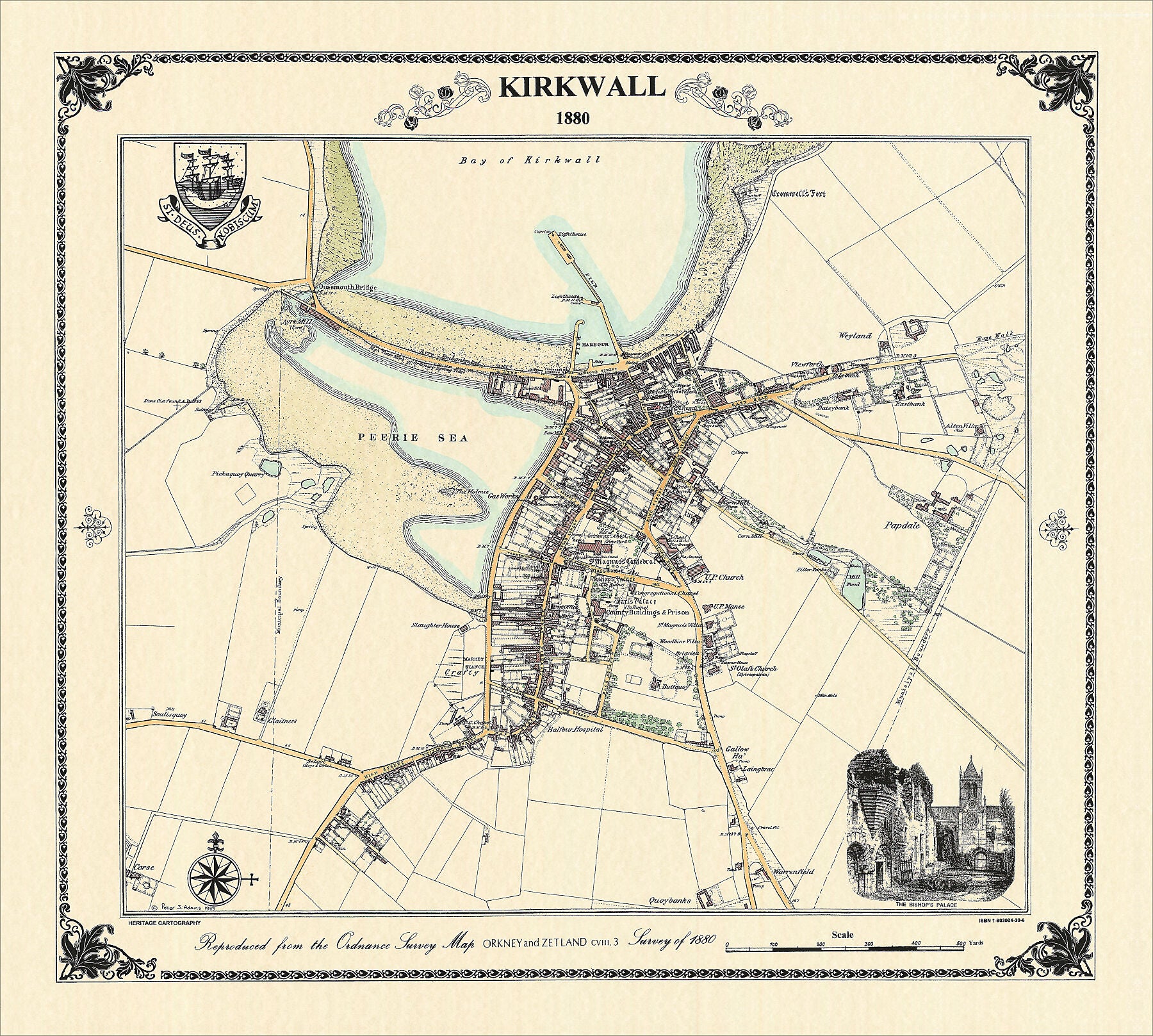 Coloured Victorian map of Kirkwall in 1880 by Peter J Adams of Heritage Cartography