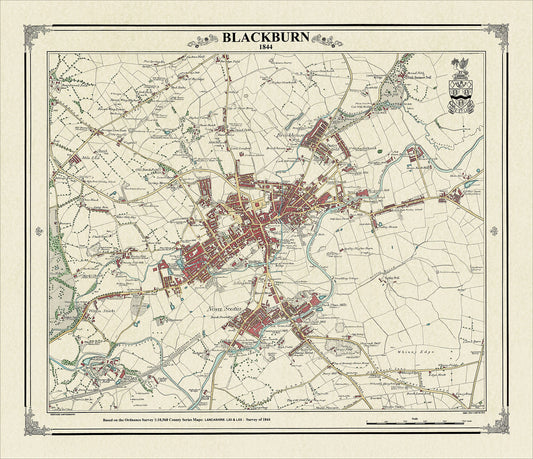 Coloured Victorian map of Blackburn in 1844 by Peter J Adams of Heritage Cartography