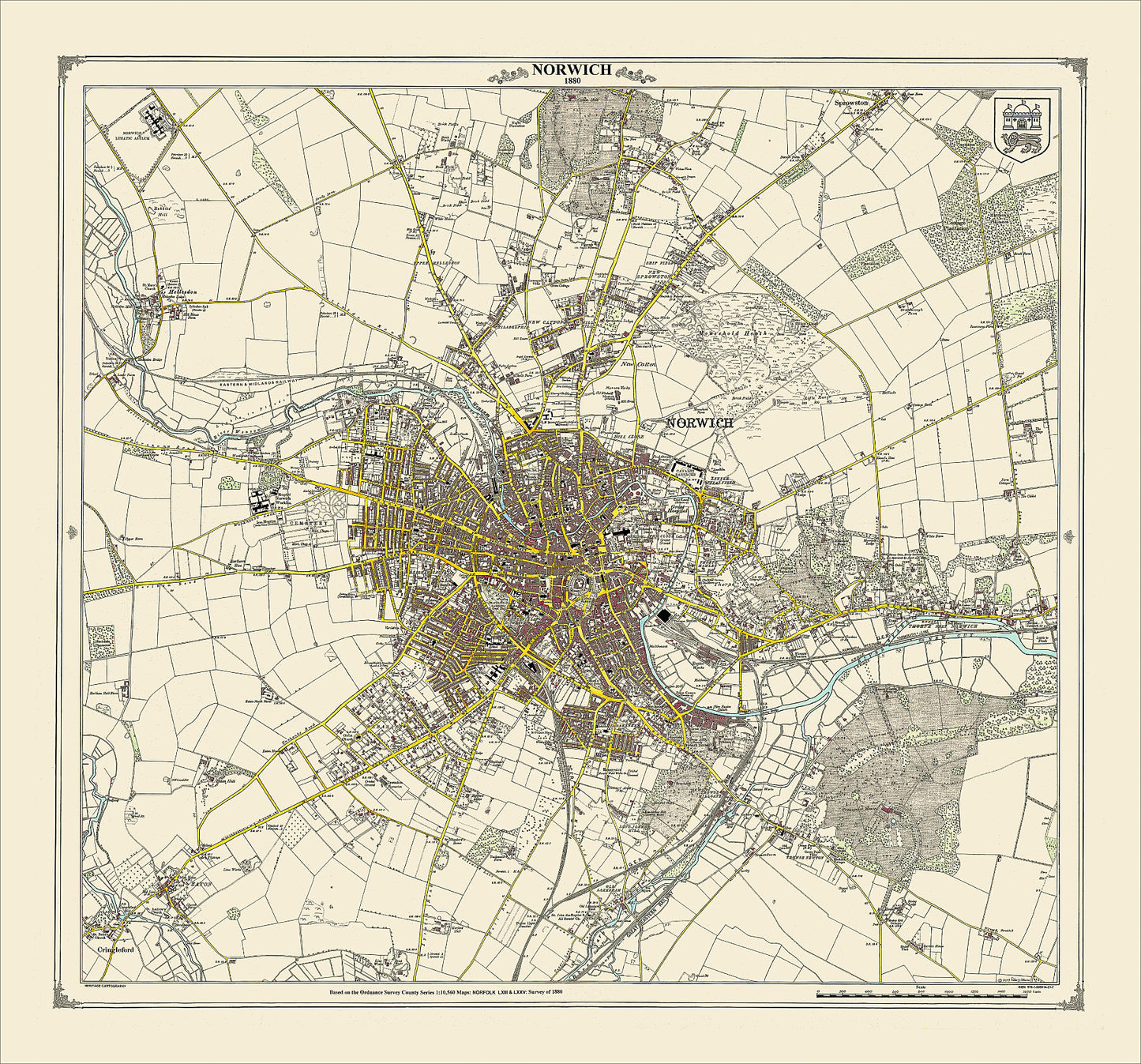 Coloured Victorian map of Norwich in 1880 by Peter J Adams of Heritage Cartography