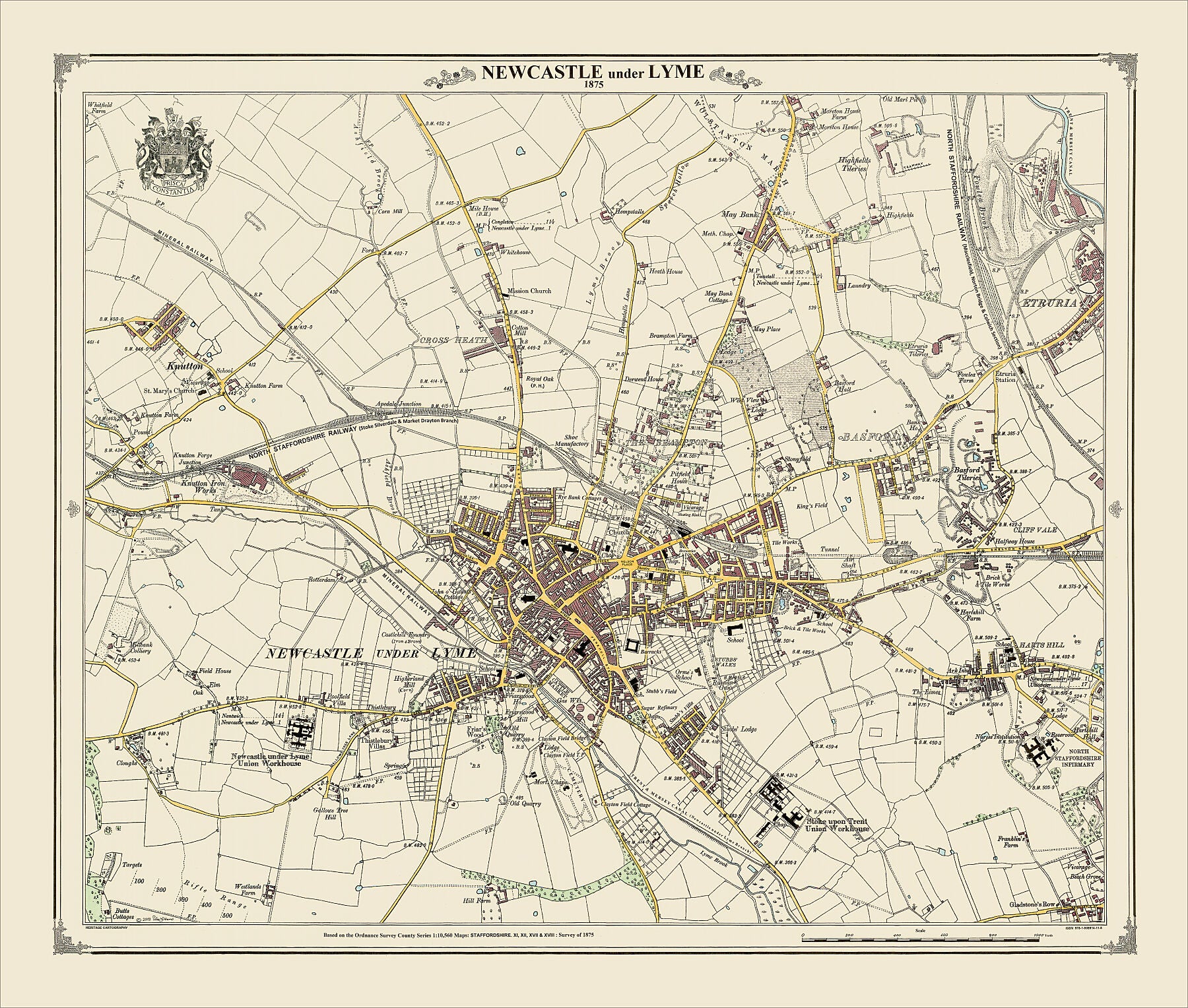 Coloured Victorian map of Newcastle-under-Lyme in 1875 by Peter J Adams of Heritage Cartography