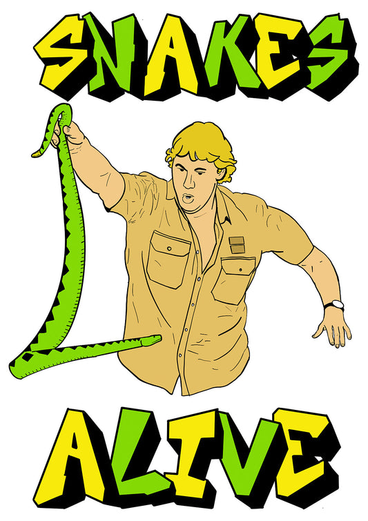 Steve Irwin holding a snake and saying Snakes Alive