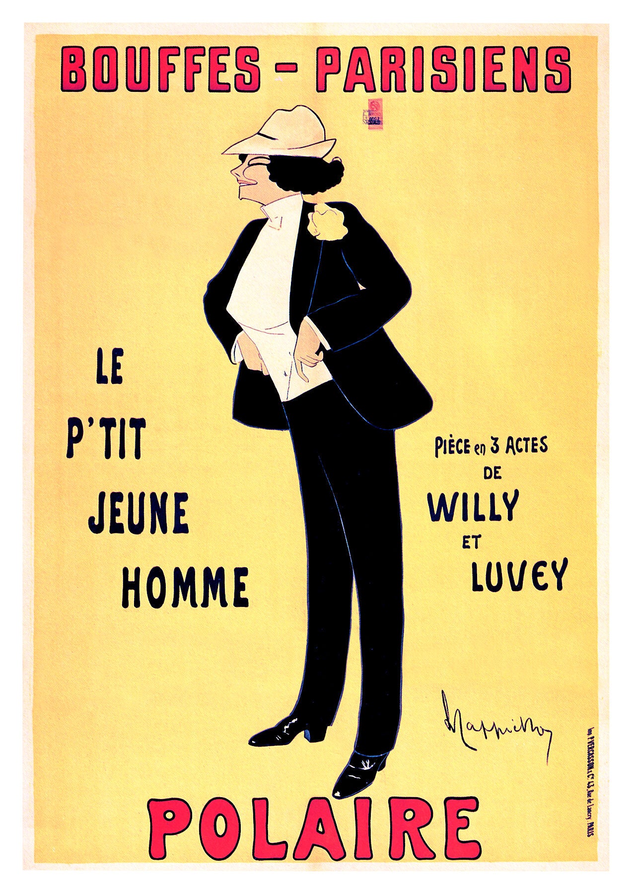 Bouffes-Parisiens theatre poster by Leonetto Cappiello featuring the actress Polaire in her husband Willy's play called Le P'tit Jeune Homme