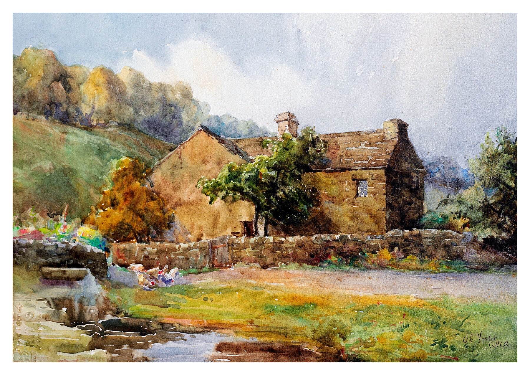 Reproduction watercolour painting of Blakey Cottage, Marley near Bingley by Walter C Foster