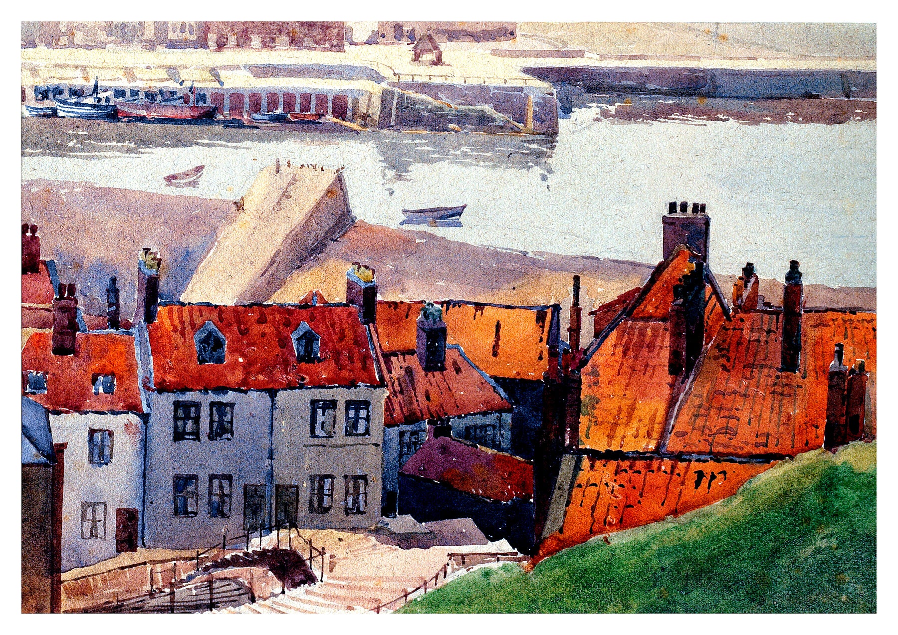 Reproduction watercolour painting of On The Steps, Whitby by Walter C Foster