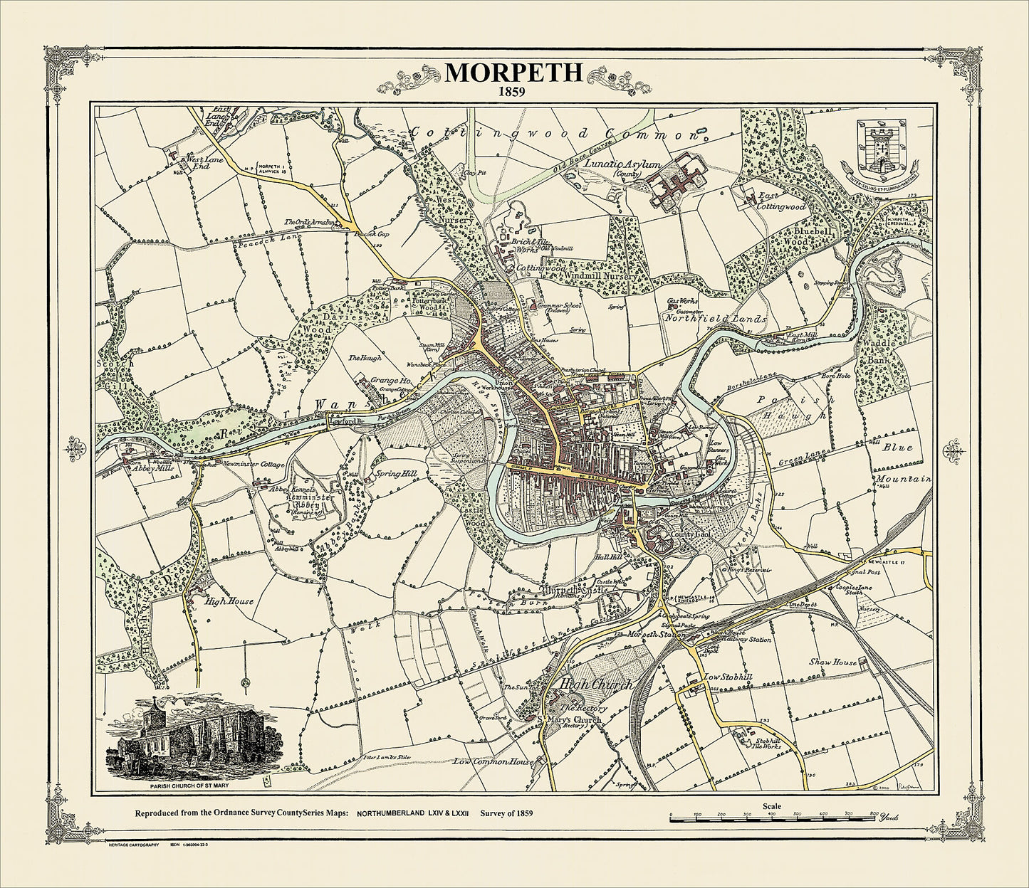 Coloured Victorian map of Morpeth in 1859 by Peter J Adams of Heritage Cartography