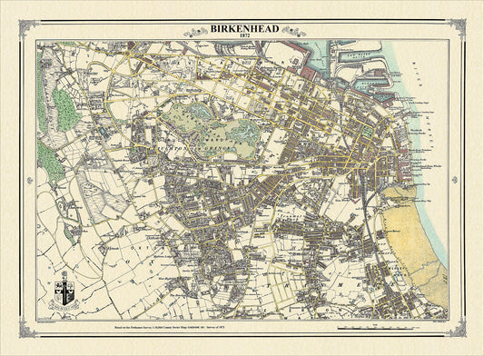 Coloured Victorian map of Birkenhead in 1872 by Peter J Adams of Heritage Cartography