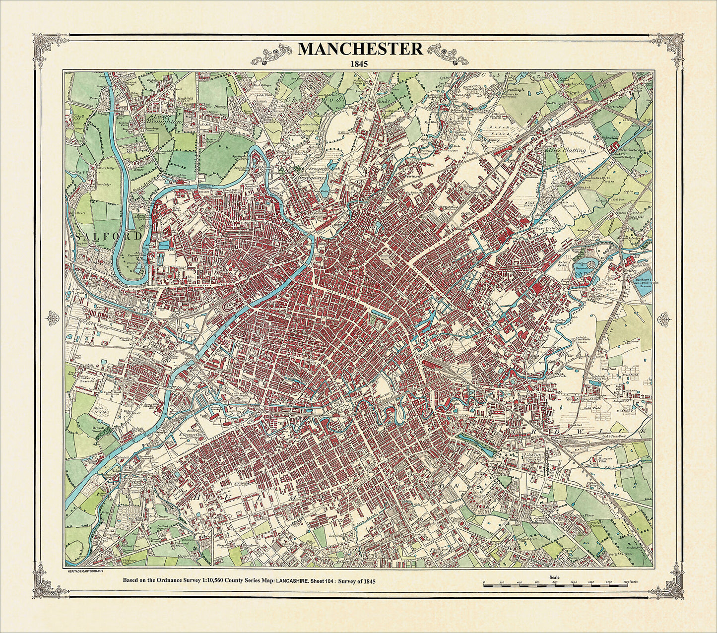 Coloured Victorian map of Manchester in 1845 by Peter J Adams of Heritage Cartography