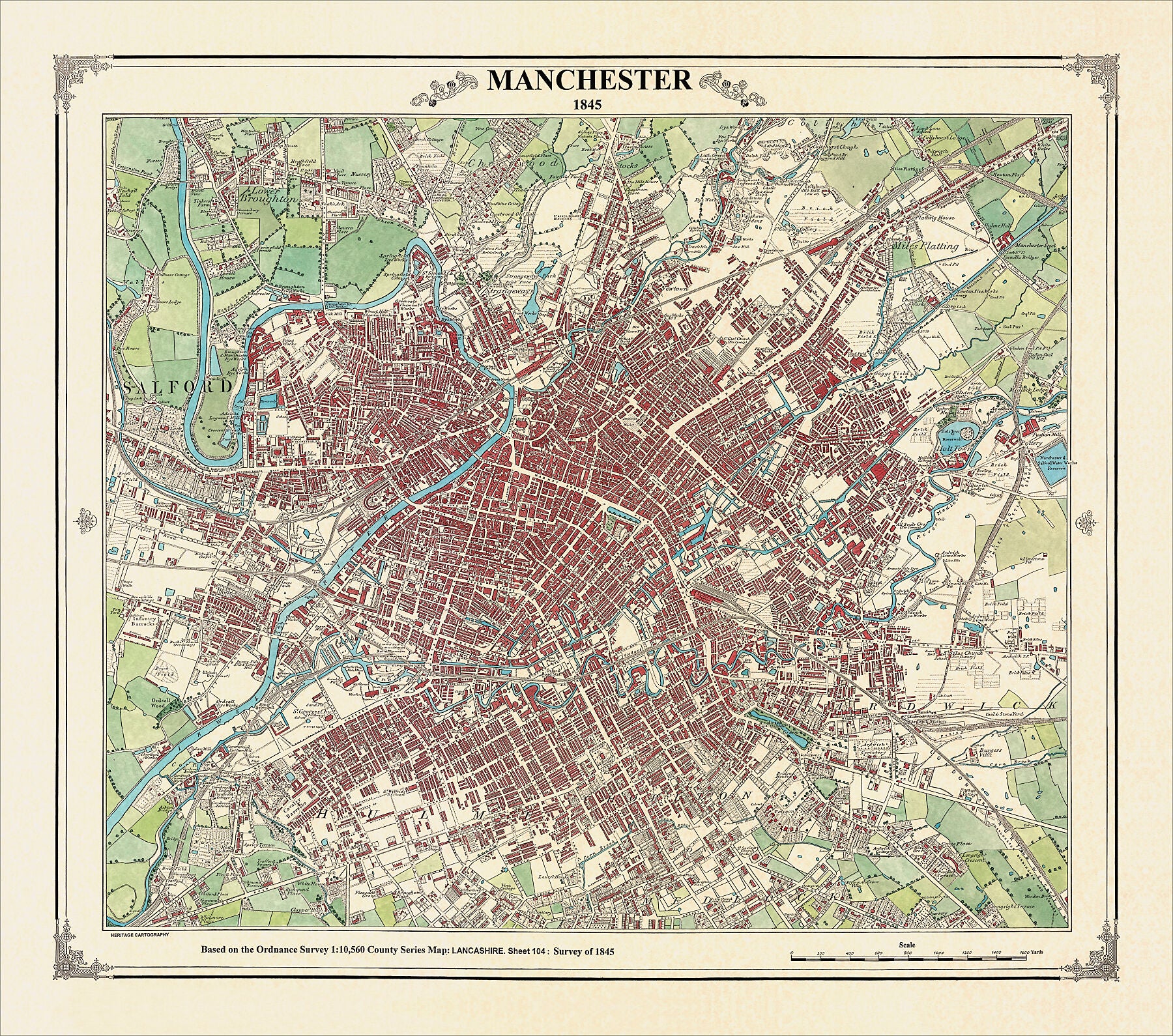 Coloured Victorian map of Manchester in 1845 by Peter J Adams of Heritage Cartography