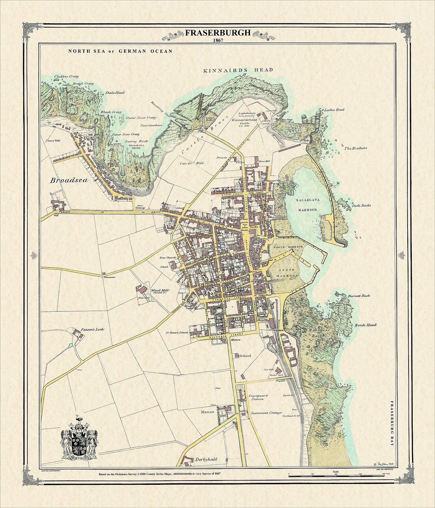 Coloured Victorian map of Fraserburgh in 1867 by Peter J Adams of Heritage Cartography