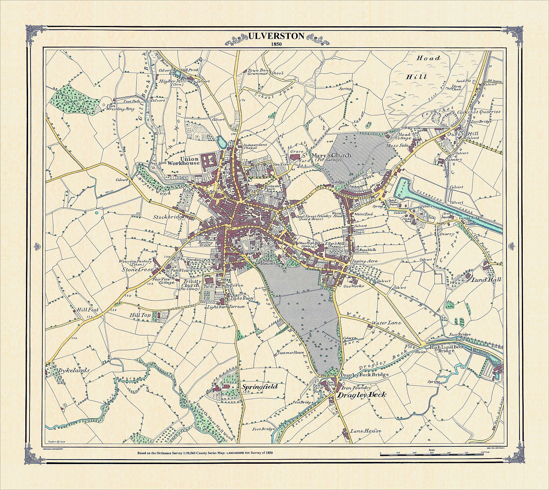 Coloured Victorian map of Ulverston in 1850 by Peter J Adams of Heritage Cartography