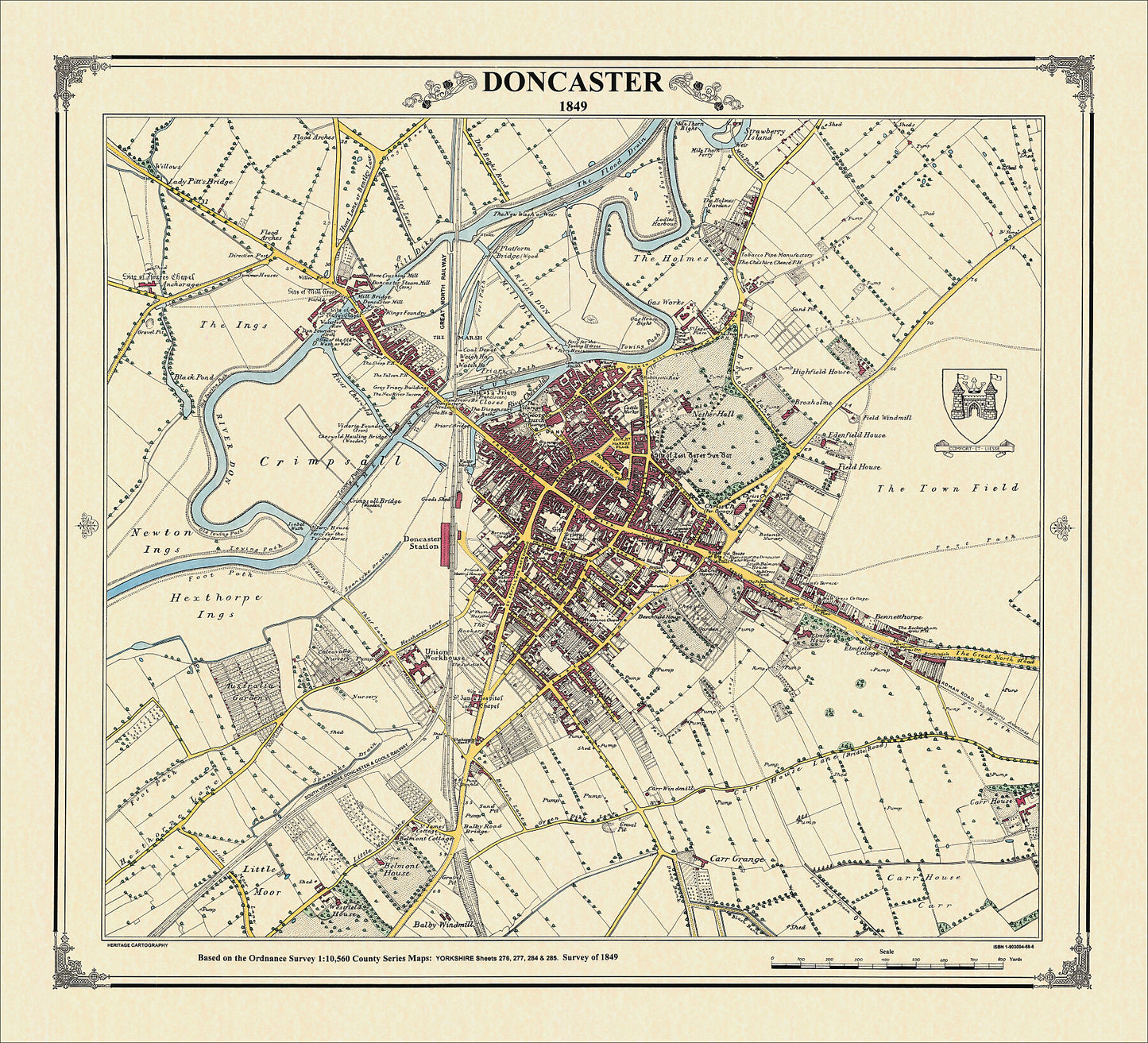 Coloured Victorian map of Doncaster in 1849 by Peter J Adams of Heritage Cartography