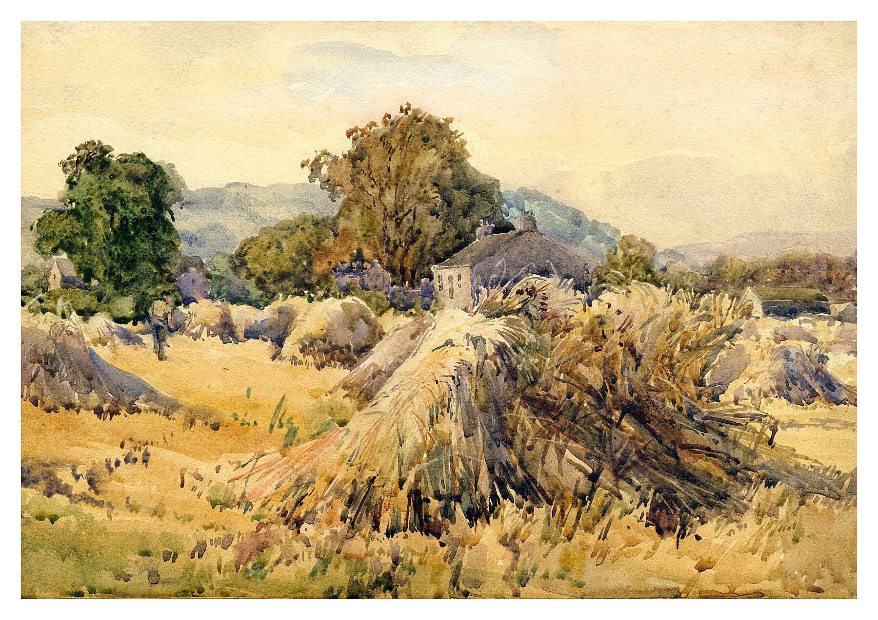 Reproduction watercolour painting of Stooks by Walter C Foster