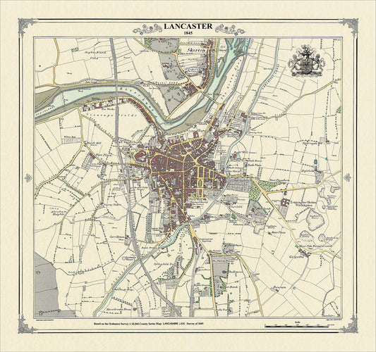 Coloured Victorian map of Lancaster in 1845 by Peter J Adams of Heritage Cartography