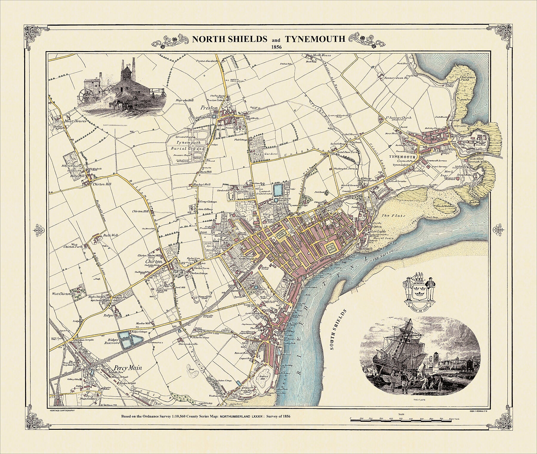 Coloured Victorian map of North Shields and Tynemouth in 1856 by Peter J Adams of Heritage Cartography