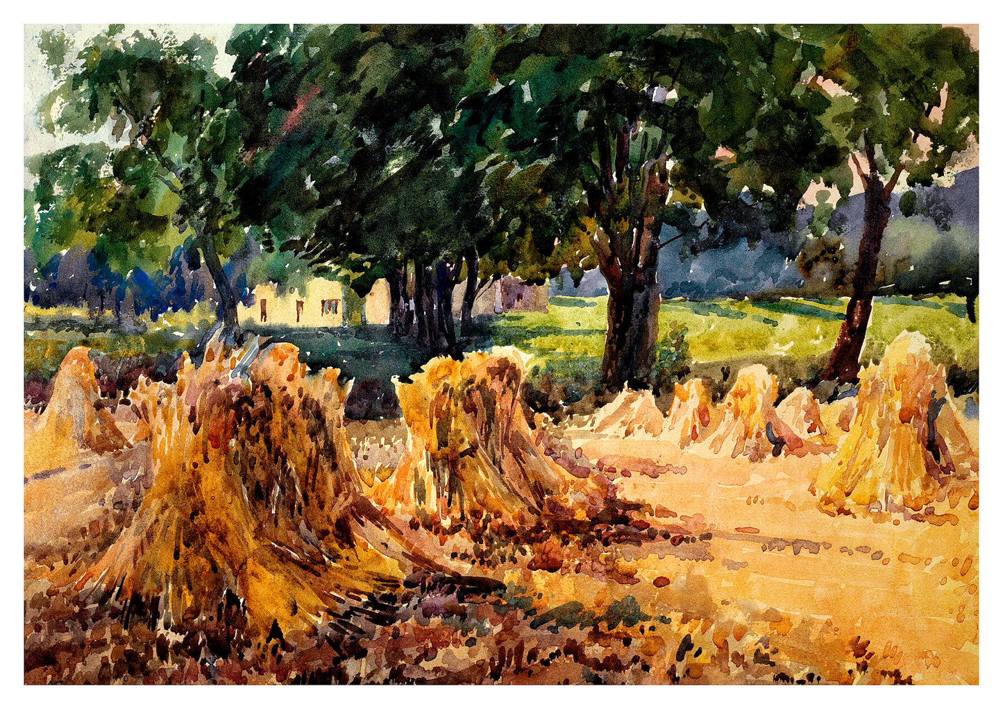 Reproduction watercolour painting of Beckfoot Stooks by Walter C Foster