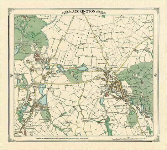Coloured Victorian map of Accrington in 1849 by Peter J Adams of Heritage Cartography