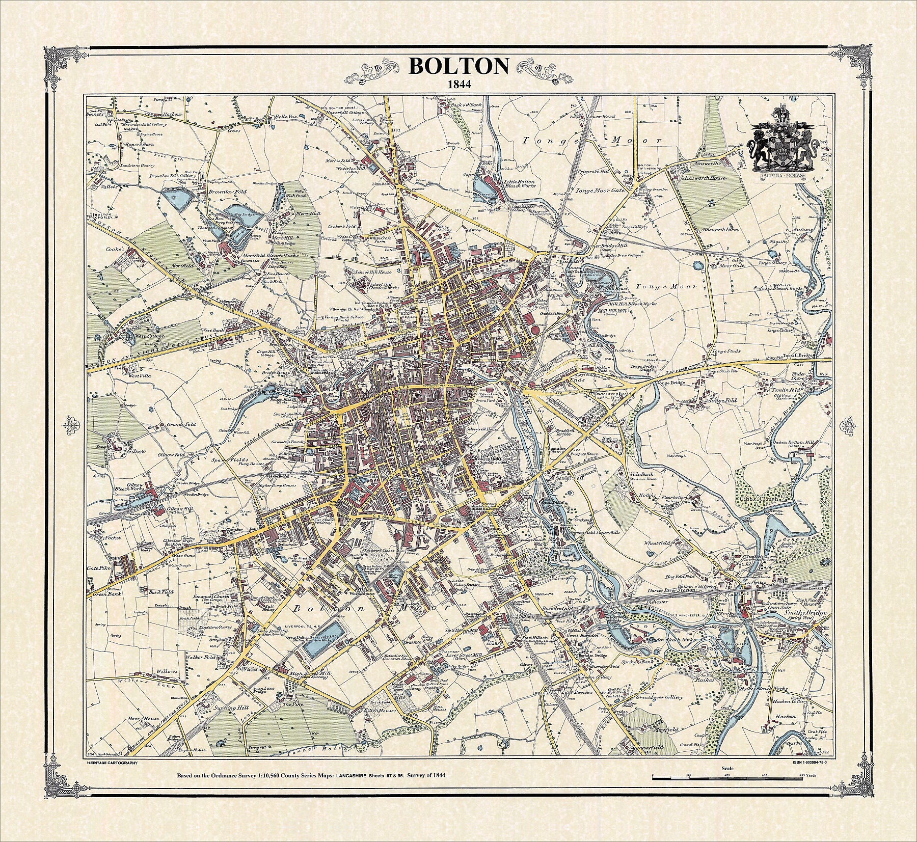 Coloured Victorian map of Bolton in 1844 by Peter J Adams of Heritage Cartography