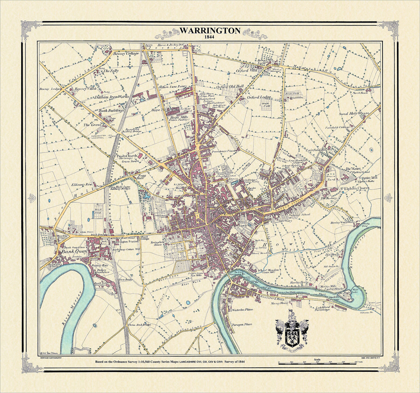Coloured Victorian map of Warrington in 1844 by Peter J Adams of Heritage Cartography