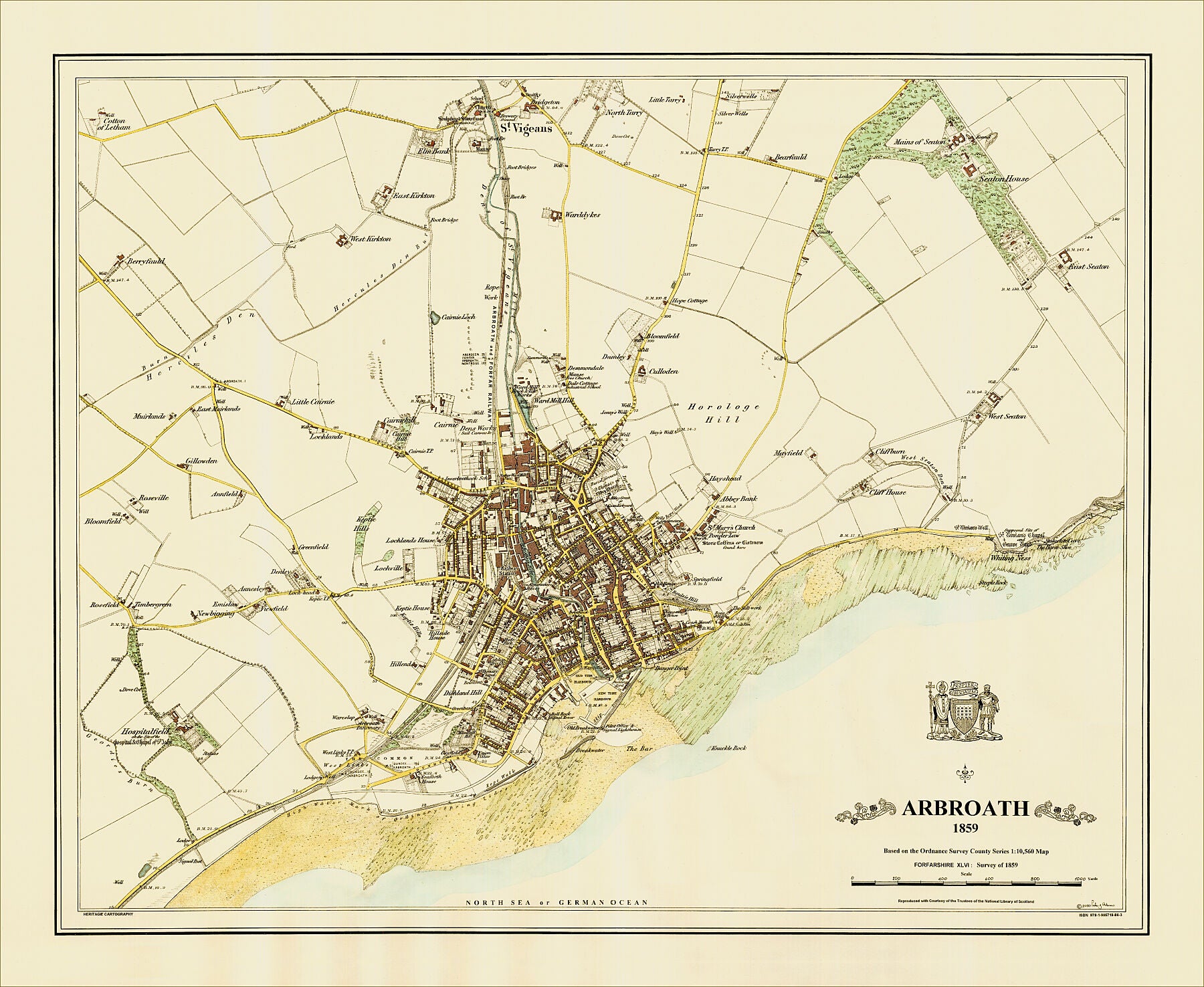 Coloured Victorian map of Arbroath in 1859 by Peter J Adams of Heritage Cartography