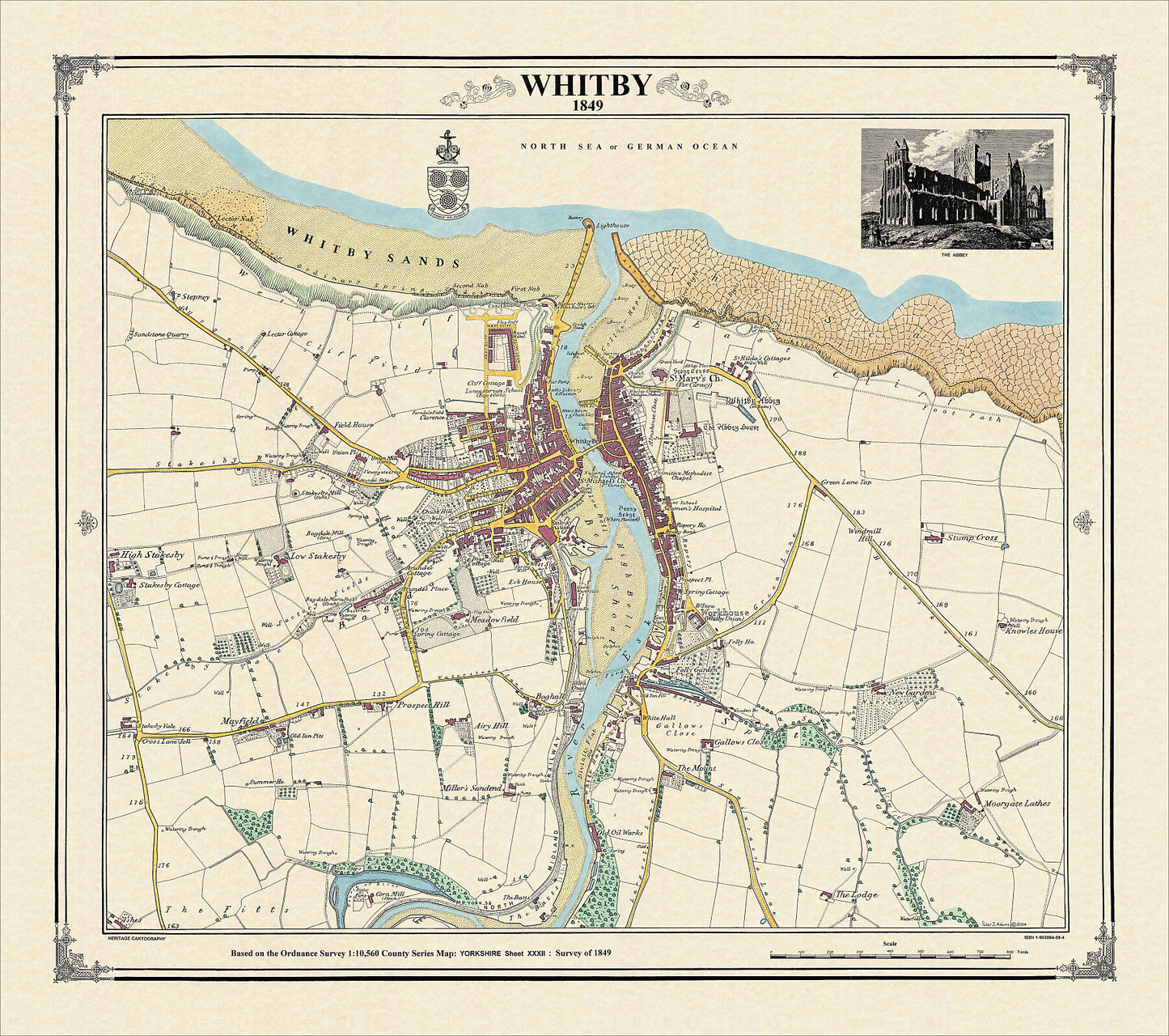 Coloured Victorian map of Whitby in 1849 by Peter J Adams of Heritage Cartography