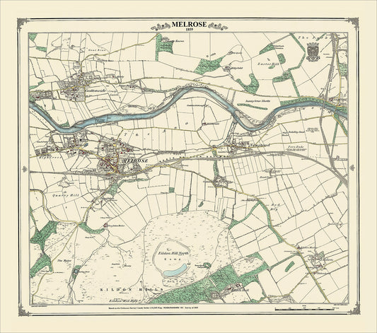 Coloured Victorian map of Melrose in 1859 by Peter J Adams of Heritage Cartography