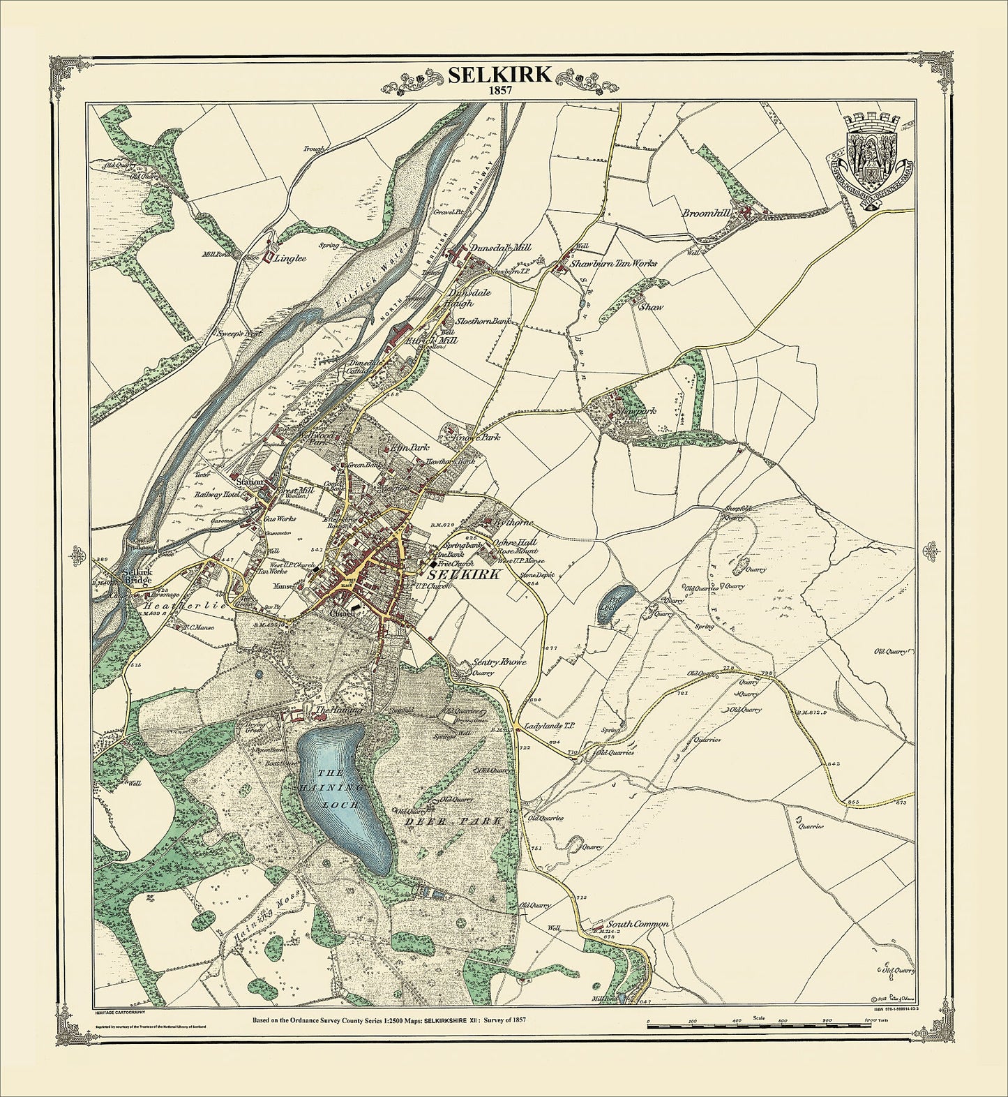 Coloured Victorian map of Selkirk in 1857 by Peter J Adams of Heritage Cartography