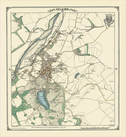 Coloured Victorian map of Selkirk in 1857 by Peter J Adams of Heritage Cartography