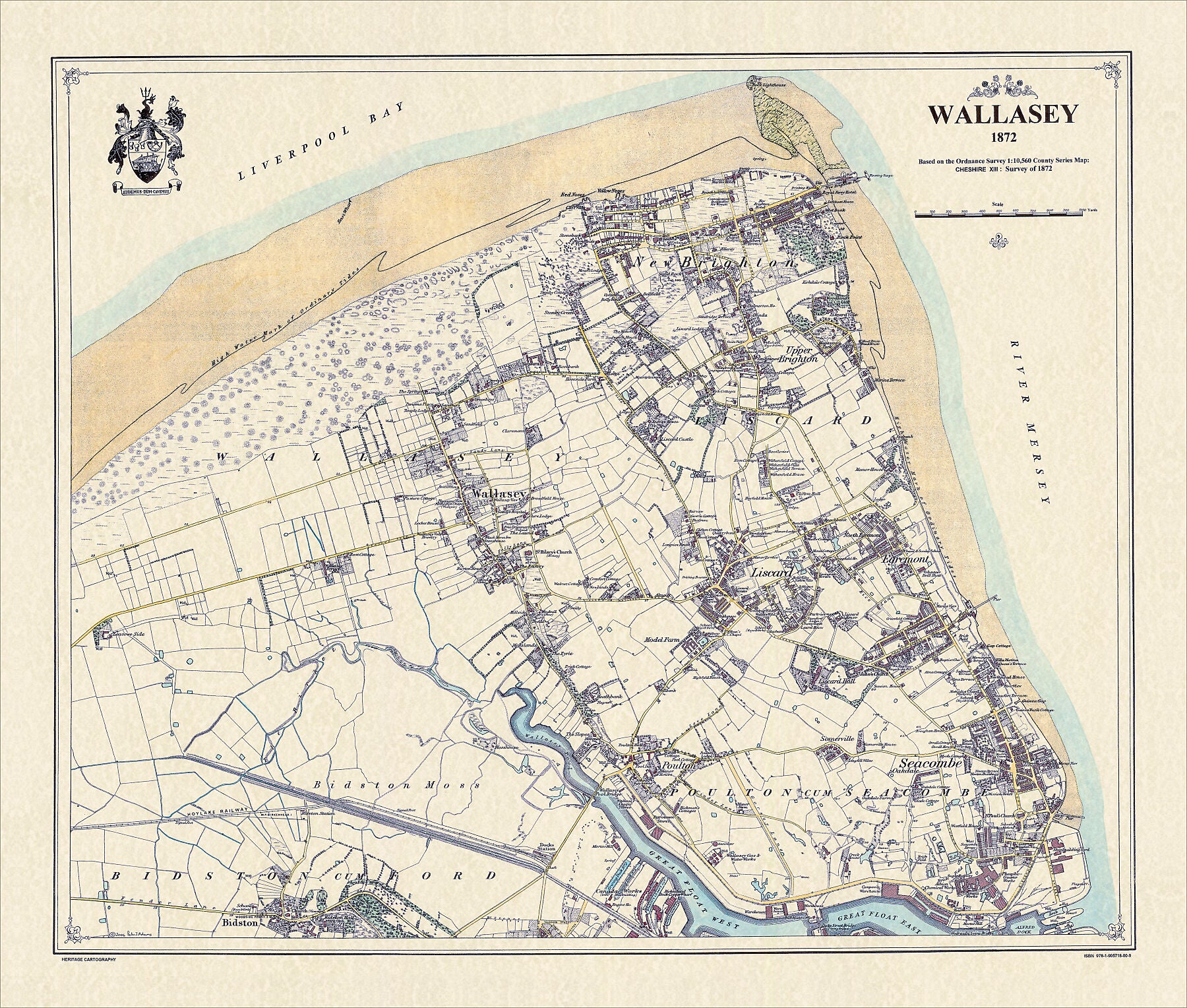 Coloured Victorian map of Wallasey in 1872 by Peter J Adams of Heritage Cartography