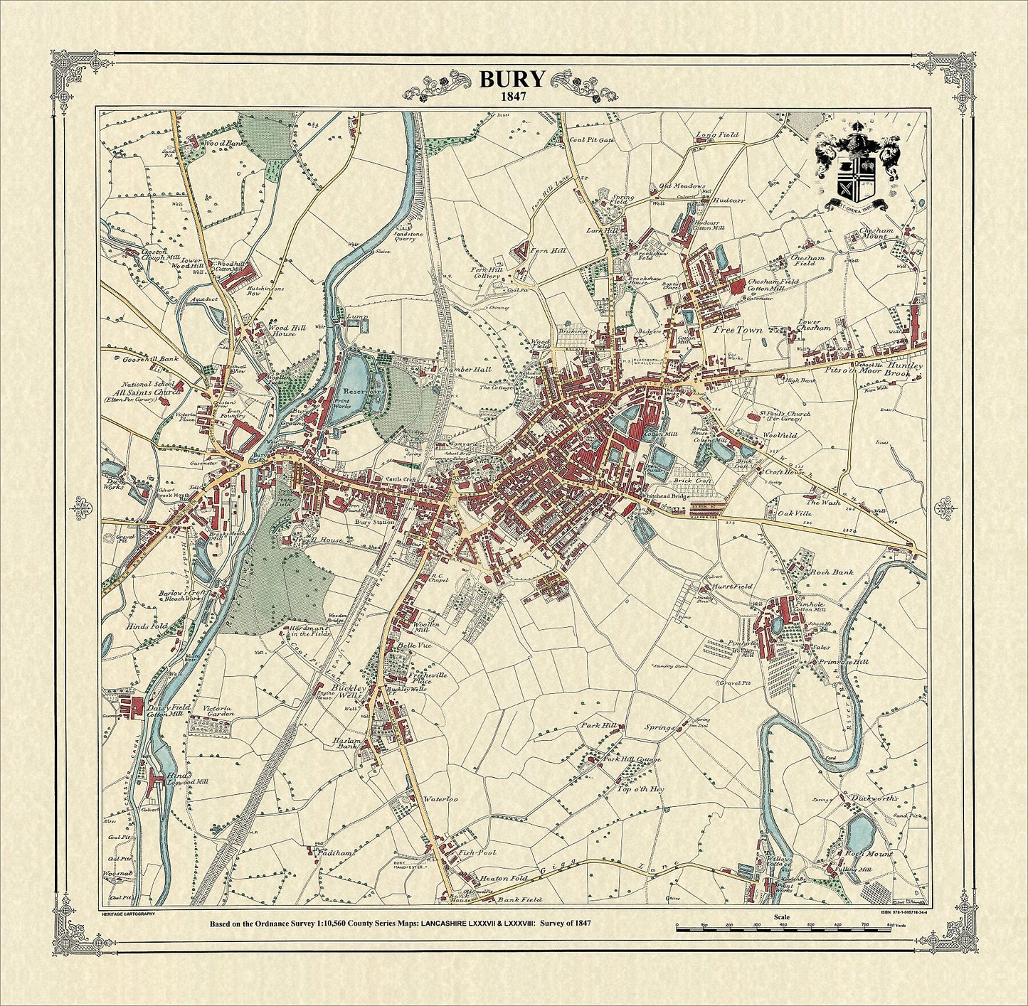 Coloured Victorian map of Bury in 1847 by Peter J Adams of Heritage Cartography