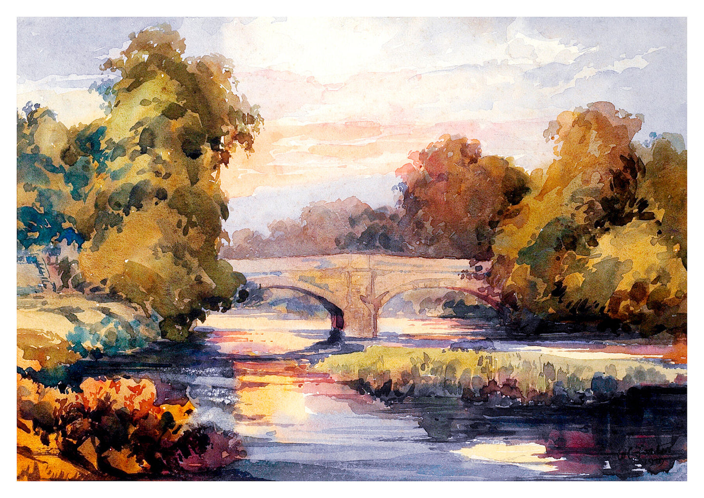 Reproduction watercolour painting of Old Cottingley Bridge by Walter C Foster