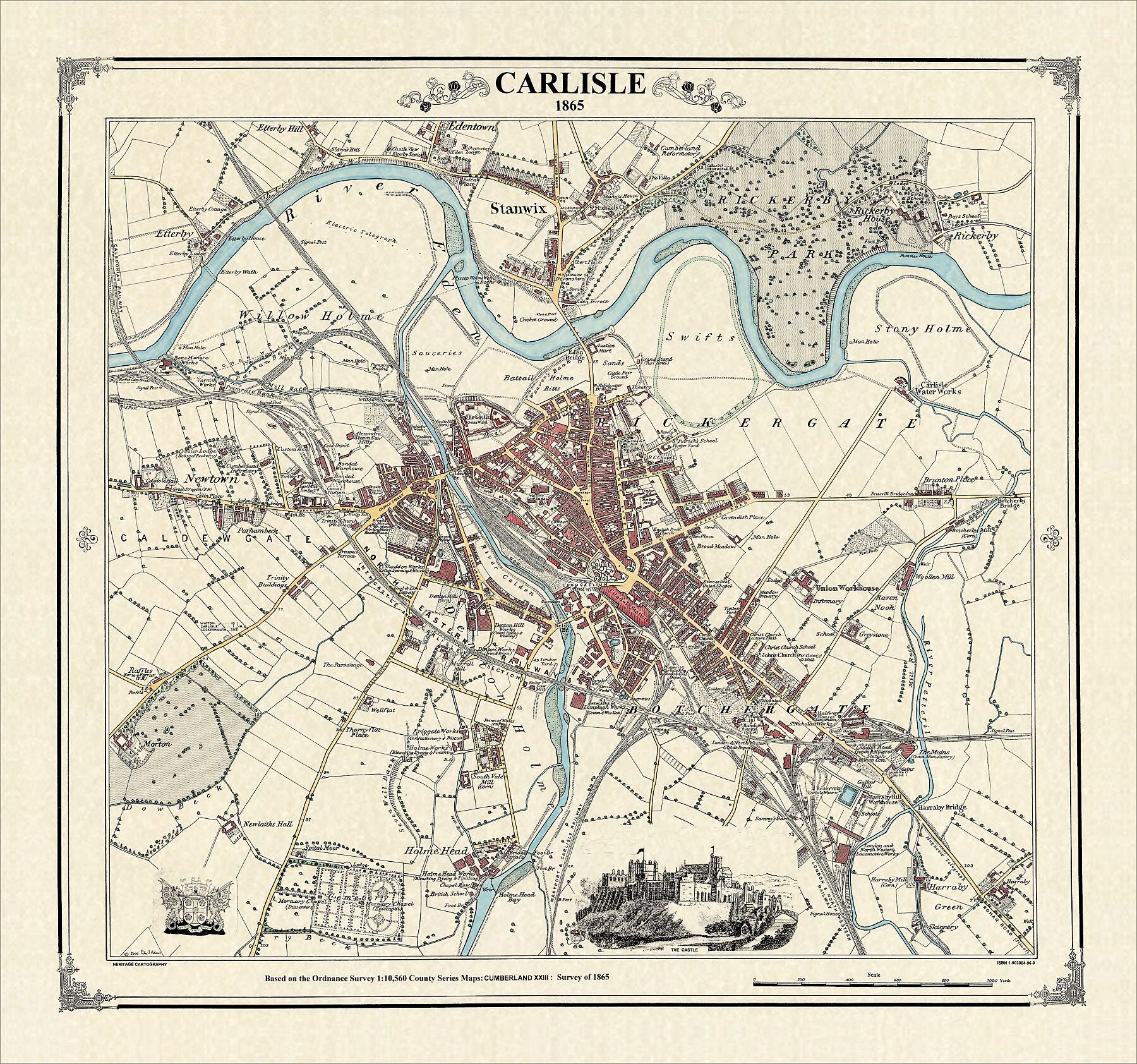 Coloured Victorian map of Carlisle in 1865 by Peter J Adams of Heritage Cartography