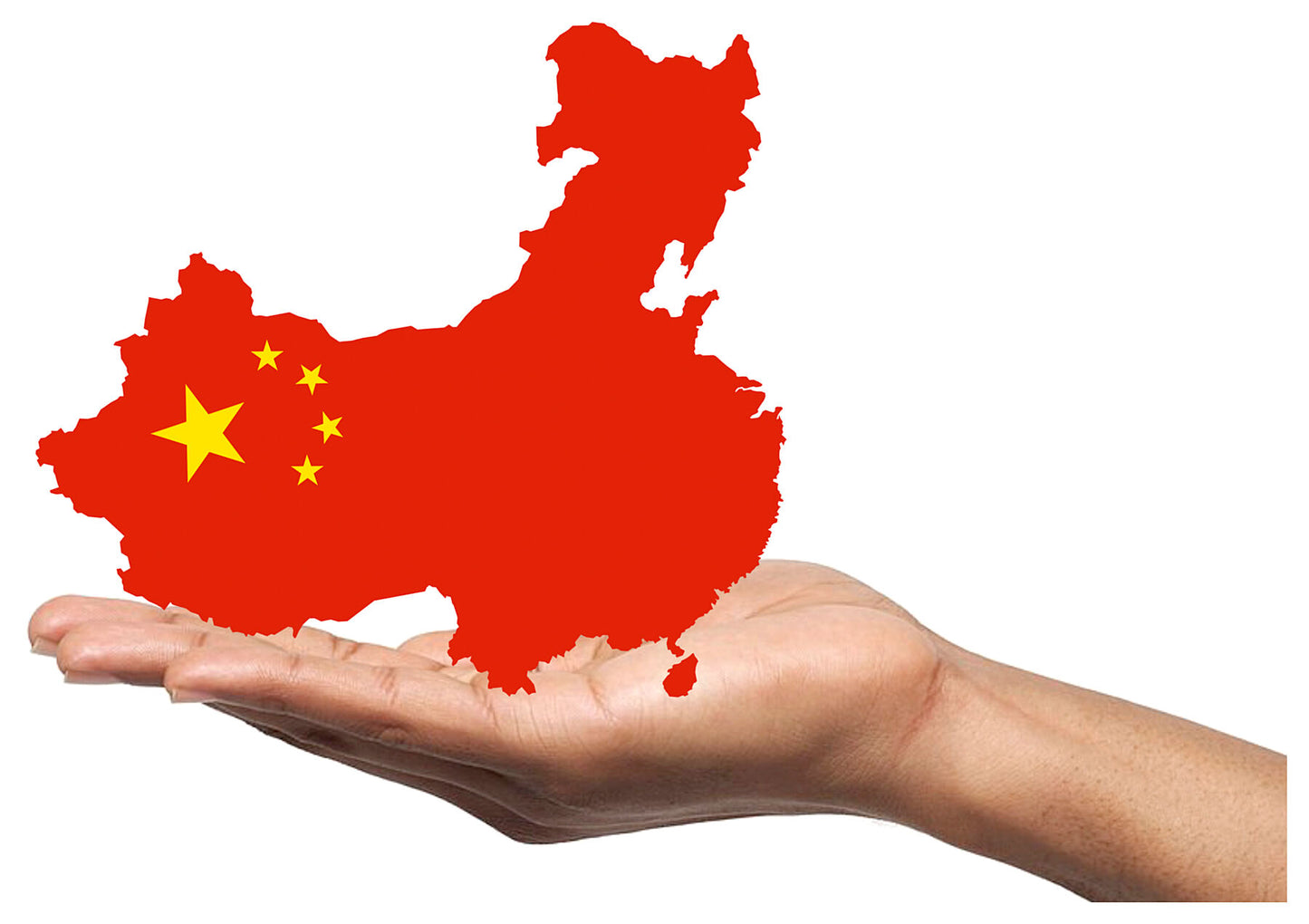 A red mixture of the China flag and a map of China held in the palm of a hand