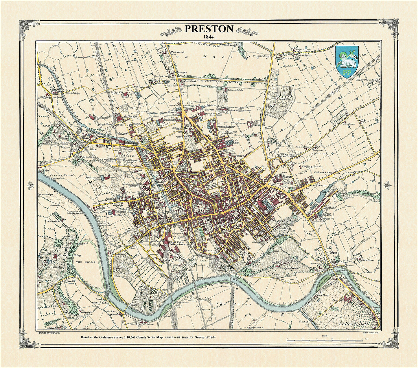 Coloured Victorian map of Preston in 1844 by Peter J Adams of Heritage Cartography