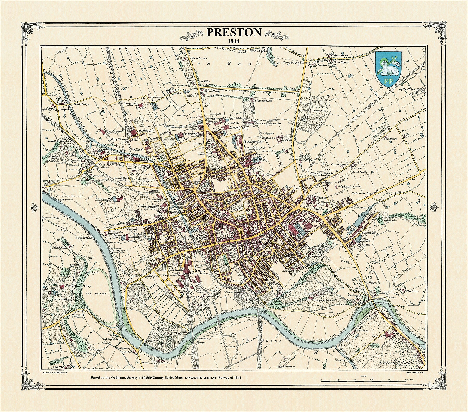 Coloured Victorian map of Preston in 1844 by Peter J Adams of Heritage Cartography