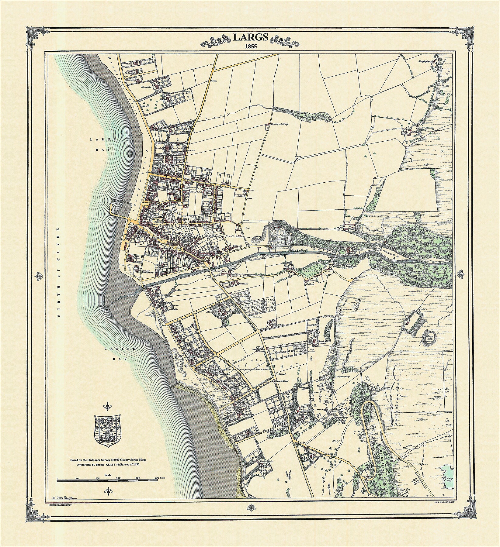 Coloured Victorian map of Largs in 1855 by Peter J Adams of Heritage Cartography